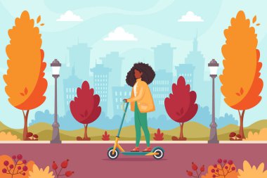 Sonbahar parkında elektrikli scooter kullanan siyah bir kadın. Eko taşıma konsepti. Vektör illüstrasyonu.