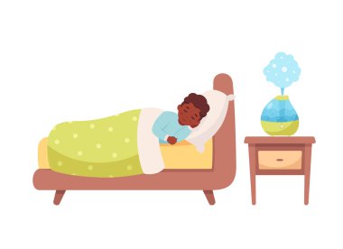 Siyah çocuk odada hava nemlendiricisiyle uyuyor. İyi uykular. Vektör illüstrasyonu