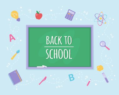 Okul konseptine geri dönelim. Okul malzemeleri ve karatahta geçmişi. Vektör illüstrasyonu.