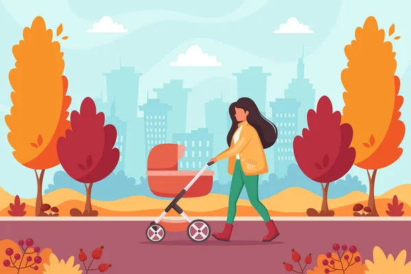 Mulher Andando Com Carruagem Bebê Parque Outono Actividade Livre Ilustração —  Vetores de Stock