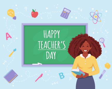 Öğretmenler günün kutlu olsun. Sınıftaki siyah bayan öğretmen. Vektör illüstrasyonu