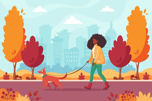 Mujer Negra Paseando Con Perro Parque Otoño Concepto Actividad Aire — Archivo Imágenes Vectoriales