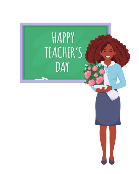 幸せな先生の日の概念 教室で黒人女性教師 ベクターイラスト — ストックベクタ