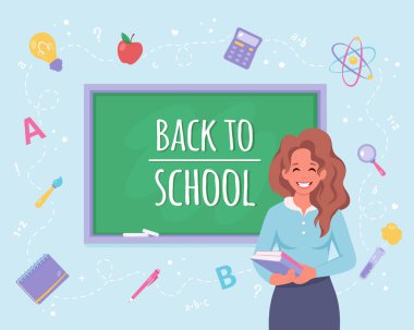 Okul konseptine geri dönelim. Sınıfta bayan öğretmen var. Okul malzemeleri. Vektör illüstrasyonu