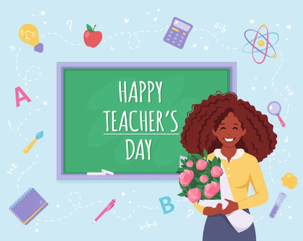 幸せな先生の日 教室で花を持つ黒人女性教師 ベクターイラスト — ストックベクタ