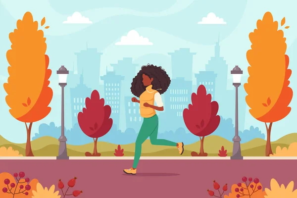 黑人妇女在秋天的公园里慢跑 健康的生活方式 户外活动的概念 矢量说明 — 图库矢量图片