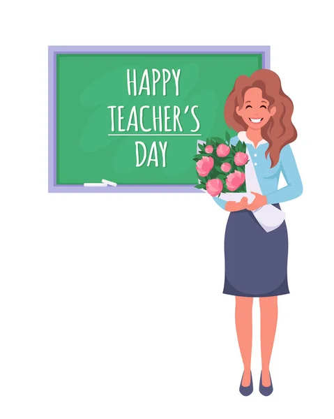 幸せな先生の日の概念 黒板のある教室で女教師 ベクターイラスト — ストックベクタ