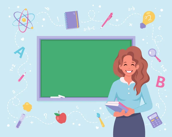 Female Teacher Classroom Chalkboard Back School Teacher Day Concept Vector — Stock Vector