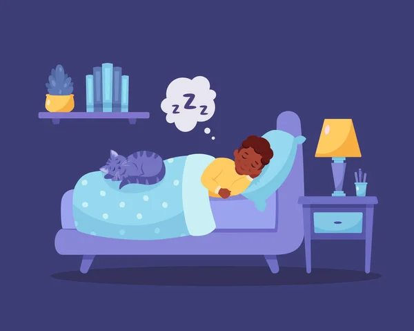 猫と寝室で寝ている黒人の少年 健康な睡眠 ベクターイラスト — ストックベクタ