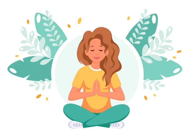 Mujer Meditando Pose Loto Estilo Vida Saludable Yoga Bienestar Relax — Archivo Imágenes Vectoriales
