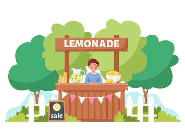 Ragazzo Che Vende Limonata Chiosco Delle Limonate Bevanda Fresca Estiva — Vettoriale Stock