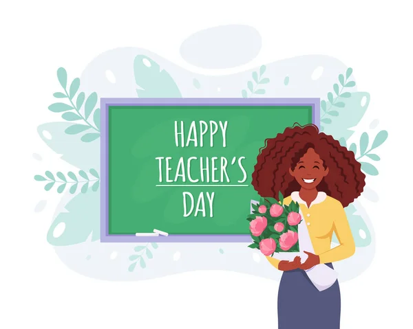 幸せな先生の日 教室で花を持つ黒人女性教師 ベクターイラスト — ストックベクタ