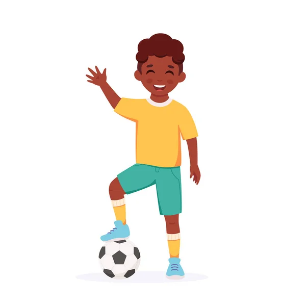 Svart Kille Med Fotbollsboll Pojke Fotbollsspelare Pojke Spelar Fotboll Barnaktivitet — Stock vektor