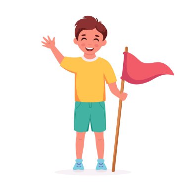 Kamp bayrağı taşıyan çocuk. İzci çocuk. Kamp, yaz kampı konsepti. Vektör illüstrasyonu