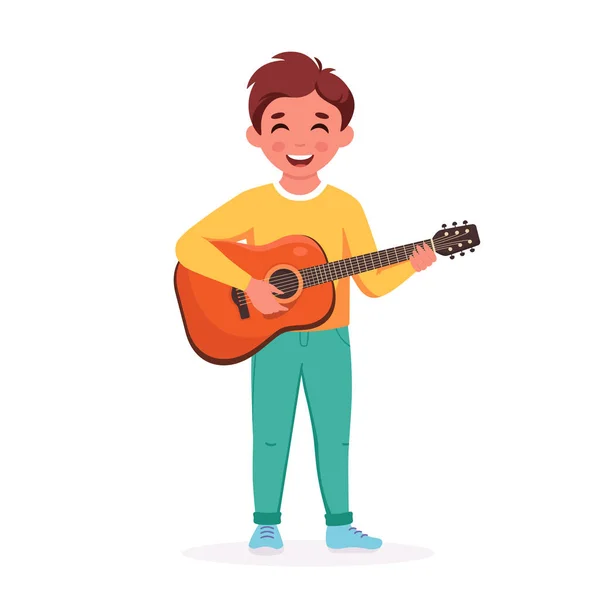 Gitarlı Küçük Çocuk Gitar Çalan Çocuk Çocuk Müzik Aleti Çalıyor — Stok Vektör