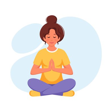 Lotus pozunda meditasyon yapan bir kadın. Sağlıklı yaşam tarzı, refah, rahatlama, meditasyon. Vektör illüstrasyonu
