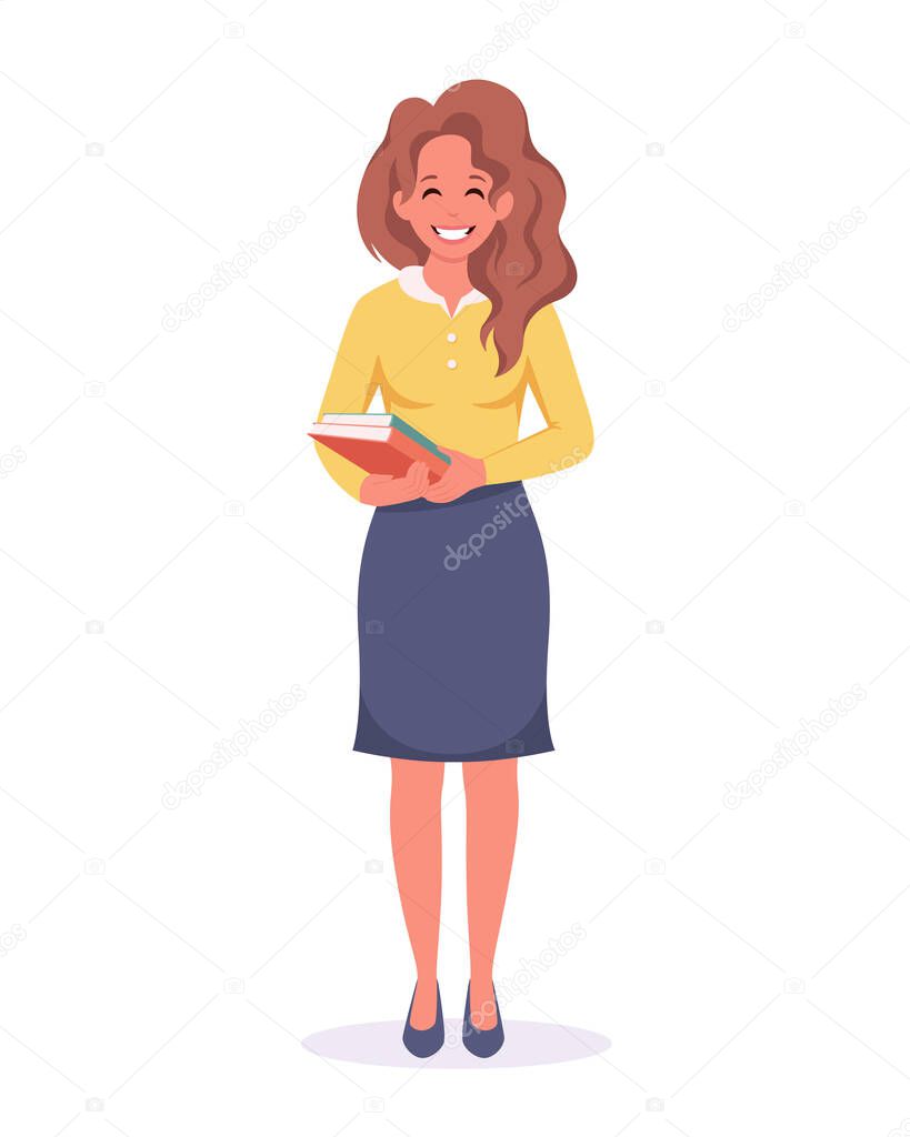 Woman with books. Female teacher. Teachers day, back to school, Literacy day, librarian. Vector illustration