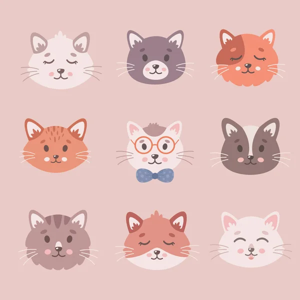 Χαριτωμένη Συλλογή Γάτας Πρόσωπα Γατών Κατοικίδια Γατάκια Χαριτωμένα Ζώα Εικονογράφηση — Διανυσματικό Αρχείο