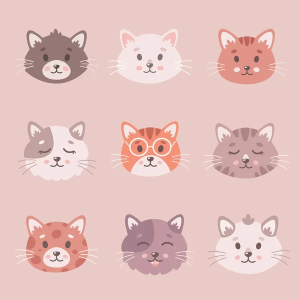 かわいい猫のコレクション 猫の顔 ペット かわいい動物 ベクターイラスト — ストックベクタ