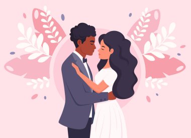 Düğün çifti. Siyah adam ve kadın evleniyor, yeni evliler. Düğün portresi. Çok kültürlü bir aile. Vektör illüstrasyonu