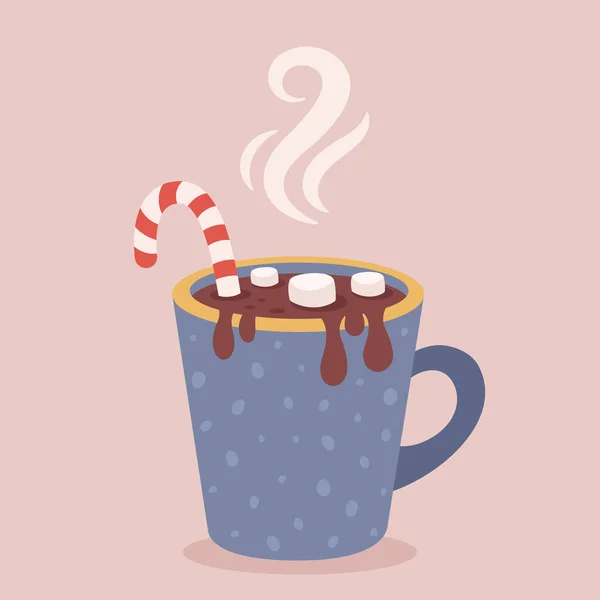 お菓子の杖とマシュマロとクリスマスホットドリンク メリークリスマス ホットチョコレート コーヒーカップ ベクターイラスト — ストックベクタ