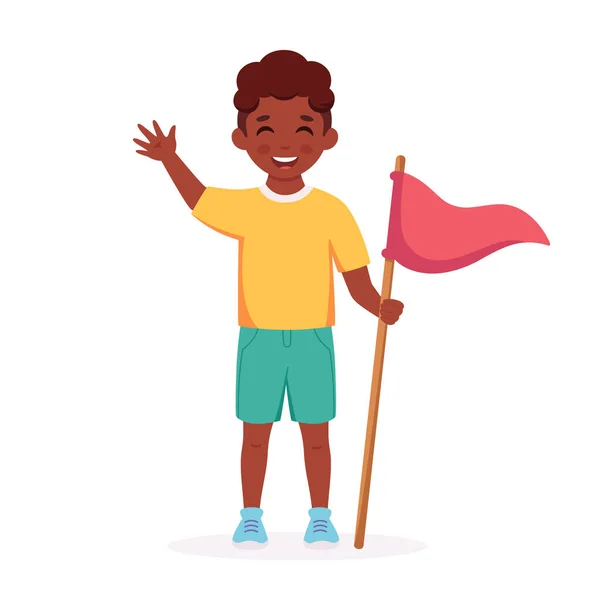 収容所の旗を持った黒人の少年 ボーイスカウト キャンプ 夏の子供キャンプの概念 ベクターイラスト — ストックベクタ