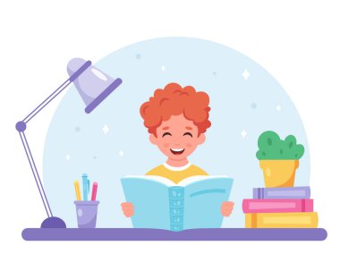 Çocuk kitap okuyor. Çocuk bir kitapla çalışıyor. Vektör illüstrasyonu