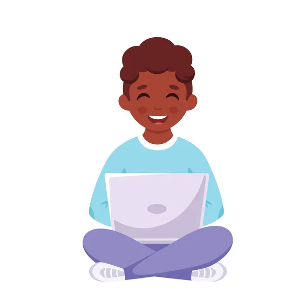 Menino Negro Estudando Com Laptop Aprendizagem Online Volta Conceito Escola —  Vetores de Stock