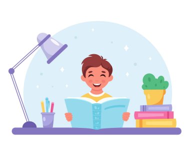Çocuk kitap okuyor. Çocuk bir kitapla çalışıyor. Vektör illüstrasyonu