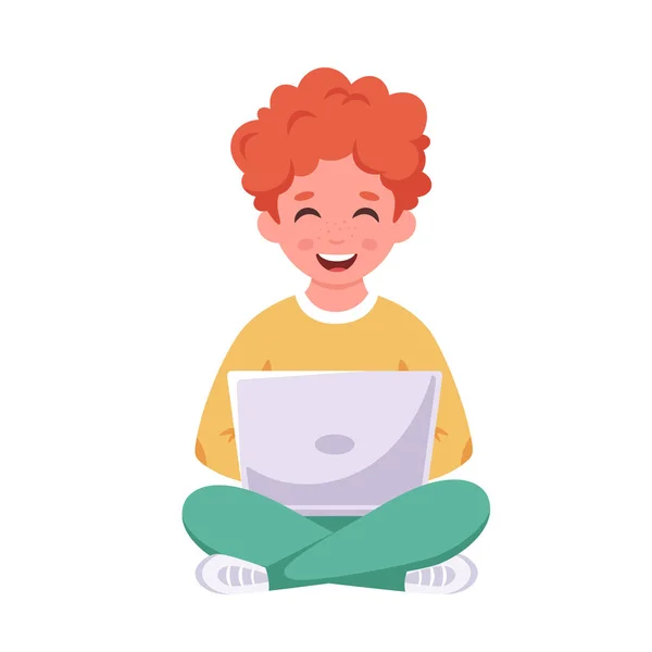 ノートパソコンで勉強する少年 オンライン学習 学校の概念に戻る ベクターイラスト — ストックベクタ