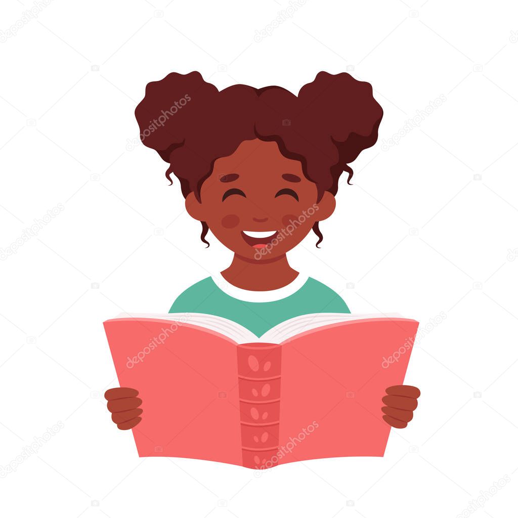 Black girl reading book. Girl studying with a book. Vector illustration