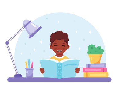 Siyah çocuk kitap okuyor. Çocuk bir kitapla çalışıyor. Vektör illüstrasyonu