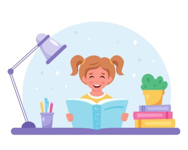 Kitap okuyan kız. Kitapla çalışan bir kız. Vektör illüstrasyonu