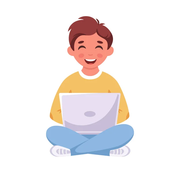 Junge Sitzt Mit Laptop Online Lernen Zurück Zum Schulkonzept Vektorillustration — Stockvektor