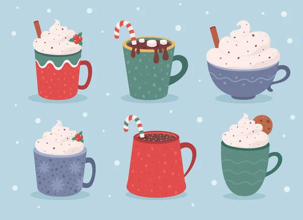 Heißgetränke Weihnachten Heiße Wintergetränke Heiße Schokolade Tassen Kaffee Vektorillustration — Stockvektor