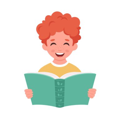 Çocuk kitap okuyor. Çocuk bir kitapla çalışıyor. Vektör illüstrasyonu