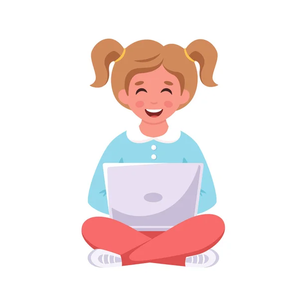 Flicka Som Sitter Med Laptop Online Lärande Tillbaka Till Skolan — Stock vektor