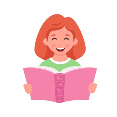Kitap okuyan kız. Kitapla çalışan bir kız. Vektör illüstrasyonu