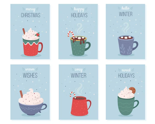 Sammlung Von Weihnachtsgrußkarten Heiße Weihnachtsgetränke Heiße Schokolade Kaffee Vektorillustration — Stockvektor
