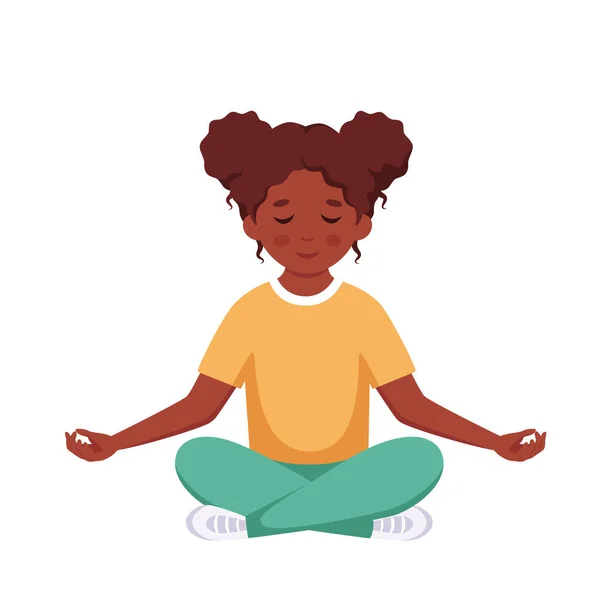 Chica Negra Meditando Pose Loto Gimnasia Meditación Para Niños Ilustración — Archivo Imágenes Vectoriales