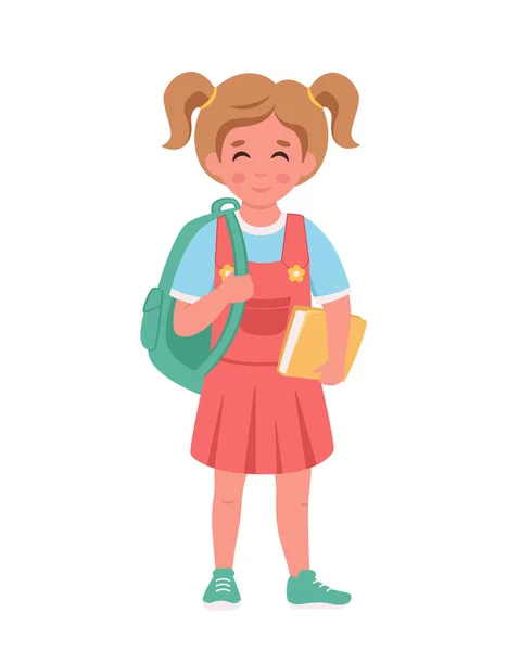 Chica Con Mochila Yendo Escuela Chica Sonriendo Saludando Mano Estudiante — Vector de stock