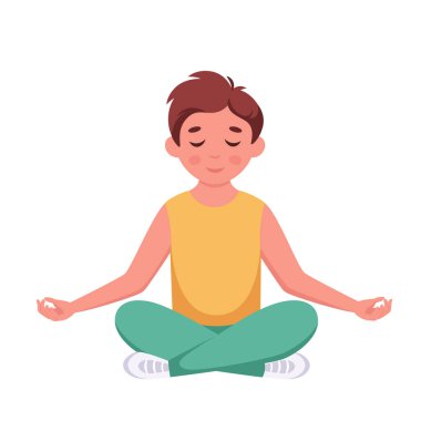 Küçük çocuk nilüfer çiçeği pozunda meditasyon yapıyor. Jimnastik, çocuklar için meditasyon. Vektör illüstrasyonu