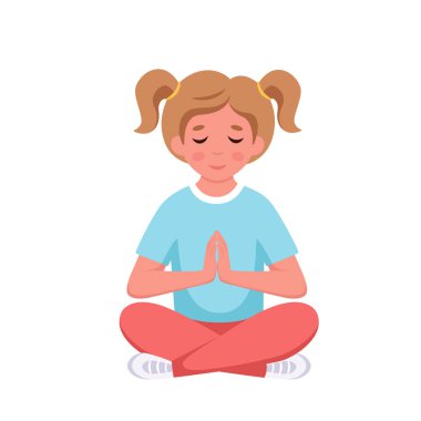Küçük kız nilüfer çiçeği pozunda meditasyon yapıyor. Jimnastik, çocuklar için meditasyon. Vektör illüstrasyonu