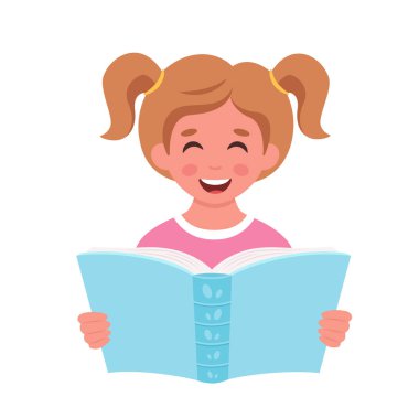 Kitap okuyan kız. Kitapla çalışan bir kız. Vektör illüstrasyonu