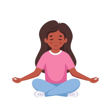 Lotus pozunda meditasyon yapan bir kız. Jimnastik, çocuklar için meditasyon. Vektör illüstrasyonu