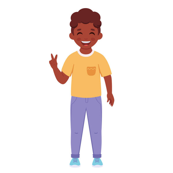 Black boy with braces on teeth. Elementary school student. Vector illustration