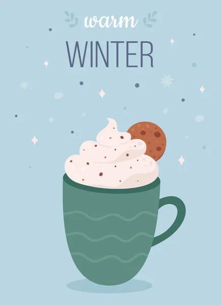 Feliz Natal Olá Cartão Saudação Inverno Bebida Quente Com Biscoito — Vetor de Stock