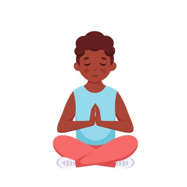 Siyahi çocuk nilüfer çiçeği pozunda meditasyon yapıyor. Çocuklar için jimnastik, yoga ve meditasyon. Vektör illüstrasyonu