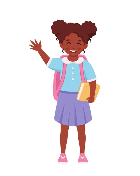 Chica Negra Con Mochila Libro Yendo Escuela Chica Sonriendo Saludando — Archivo Imágenes Vectoriales