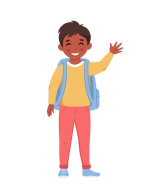 Sırt çantalı çocuk okula gidiyor. Çocuk gülümsüyor ve el sallıyor. İlkokul öğrencisi. Vektör illüstrasyonu